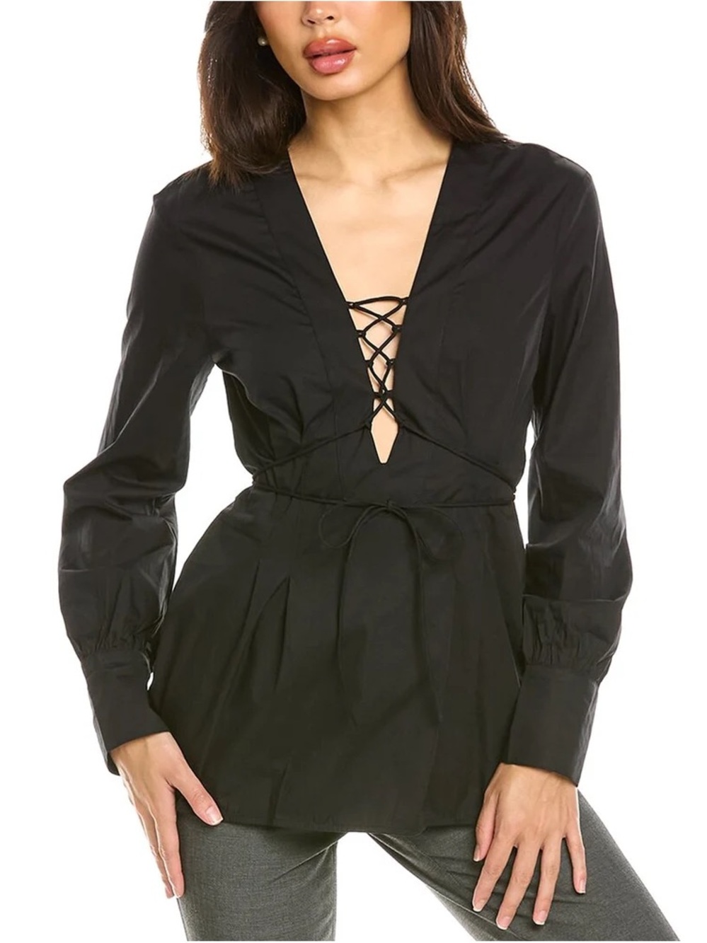Nicholas Women's Pleated Poplin Tessa Blouse V-Neck Long Sleeves Black Size 2